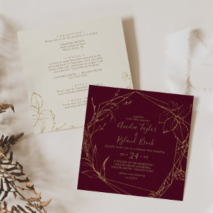 Invitation Floral doré   Bourgogne & Or tout en un Mariage