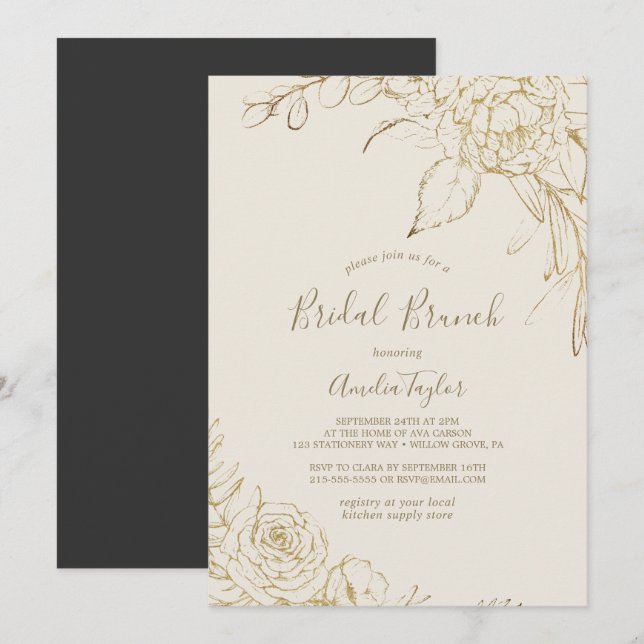 Invitation Floral doré | Brunch nuptial en crème et or (Devant / Derrière)