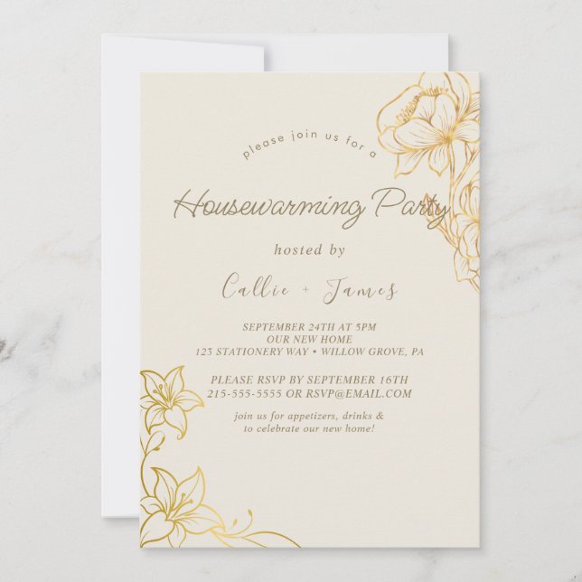Invitation Floral doré | Cream & Gold Ménage (Devant)