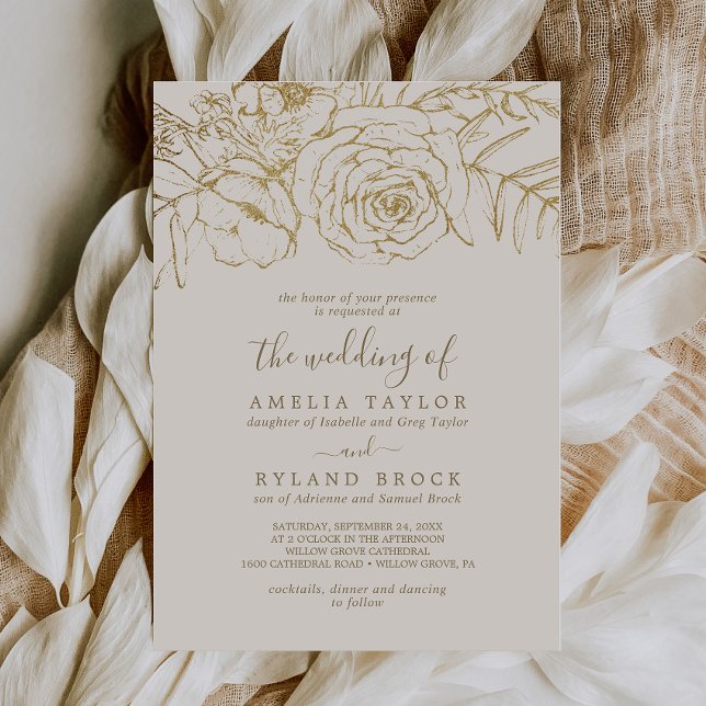 Invitation Floral doré | Cream Gold Parent's Names Mariage (Créateur téléchargé)