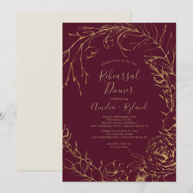 Invitation Floral doré | Dîner de répétition de Bourgogne et  (Devant / Derrière)