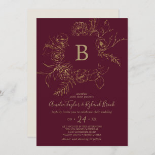 Invitation Floral doré   Mariage de monogramme Bourgogne et o