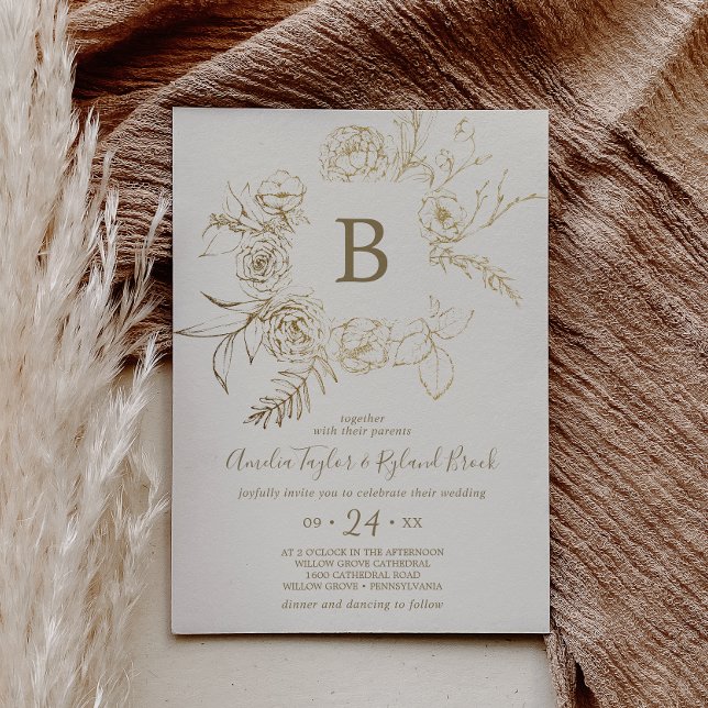 Invitation Floral doré | Mariage de monogramme crème et or (Créateur téléchargé)