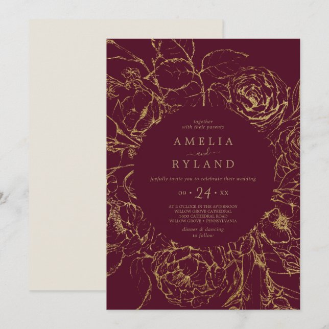Invitation Floral doré | Mariage Décontracté Bourgogne et or (Devant / Derrière)