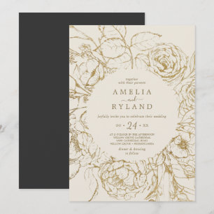Invitation Floral doré   Mariage Décontracté crème et or