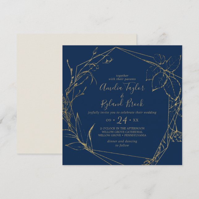 Invitation Floral doré | Mariage géométrique bleu et or Marin (Devant / Derrière)