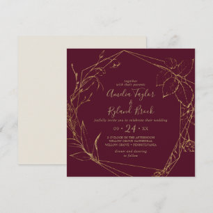 Invitation Floral doré   Mariage géométrique Bourgogne et or