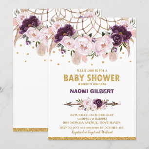 Invitation Floral Dream Catcher Baby shower fille violet Blus