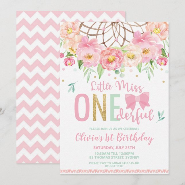 Invitation Floral Dream Catcher Miss Onederful 1er Anniversai (Devant / Derrière)