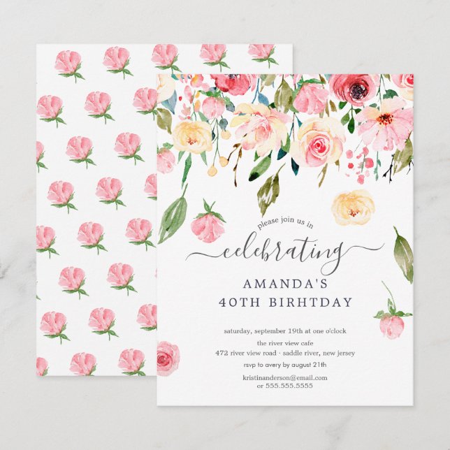 Invitation Floral Drop Pink Peonies Anniversaire Fête Invitat (Devant / Derrière)
