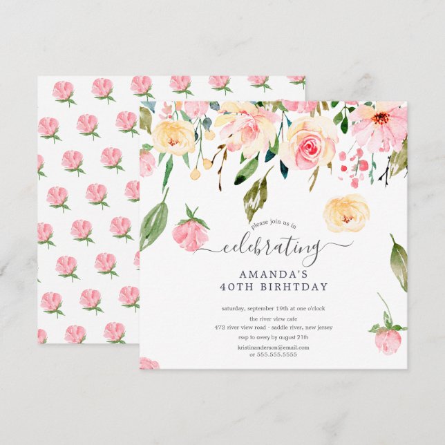 Invitation Floral Drop Pink Peonies Anniversaire Fête Invitat (Devant / Derrière)