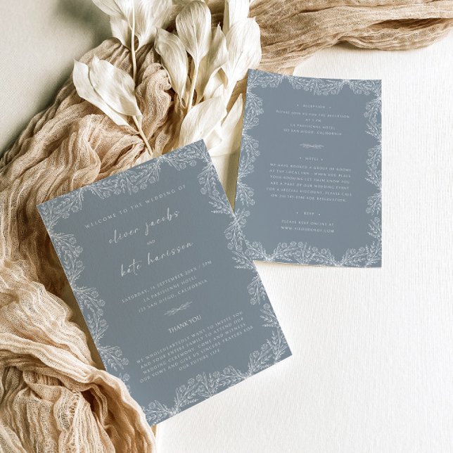 Invitation Floral Dusty bleu avant et Mariage arrière (Créateur téléchargé)