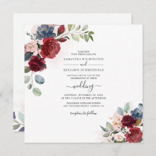 Invitation Floral Dusty Bleu Bourgogne Mariage botanique