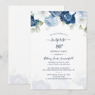 Invitation Floral Dusty Blue 80e fête d'anniversaire