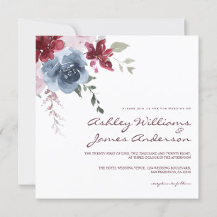 Invitation Floral Dusty Blue Bourgogne Rose Élégant Mariage E