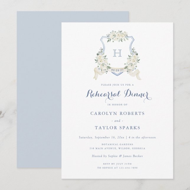 Invitation Floral Dusty Blue Crest Rehearsal Dinner Wedding (Devant / Derrière)