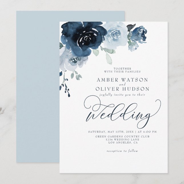 Invitation Floral Dusty Blue Dark Navy Blue Boho Mariage (Devant / Derrière)