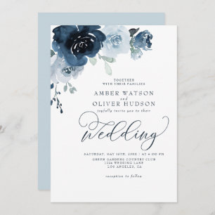 Invitation Floral Dusty Blue Dark Navy Blue Boho Mariage