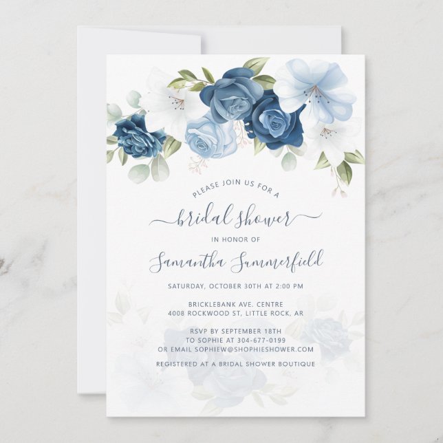 Invitation Floral Dusty Blue Greenery Fête des mariées de feu (Devant)