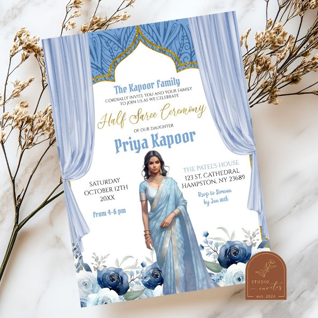 Invitation Floral Dusty Blue Half Saree Indian Giremony (Créateur téléchargé)