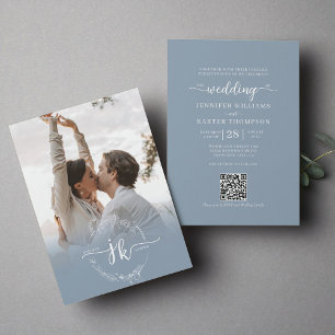 Invitation Floral Dusty Blue Monogram Photo QR Code Mariage