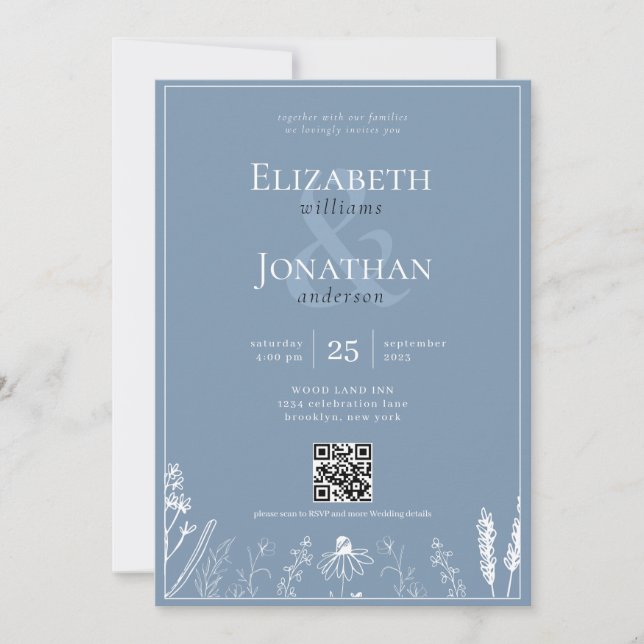 Invitation Floral Dusty Blue Monogramme Bordure QR Mariage ph (Devant)