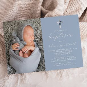 Invitation Floral Dusty Blue Silver Cross Photo Boys Baptême