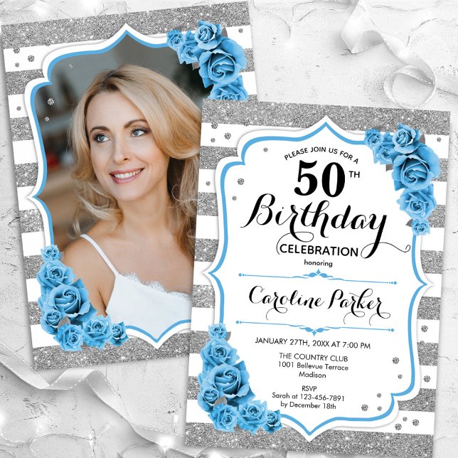Invitation Floral Dusty Blue Silver Photo 50e anniversaire (Créateur téléchargé)
