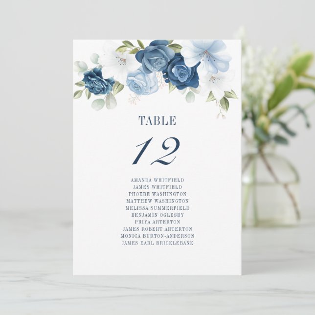 Invitation Floral Dusty Blue Table Numéro 12 Siège Mariage (Debout devant)