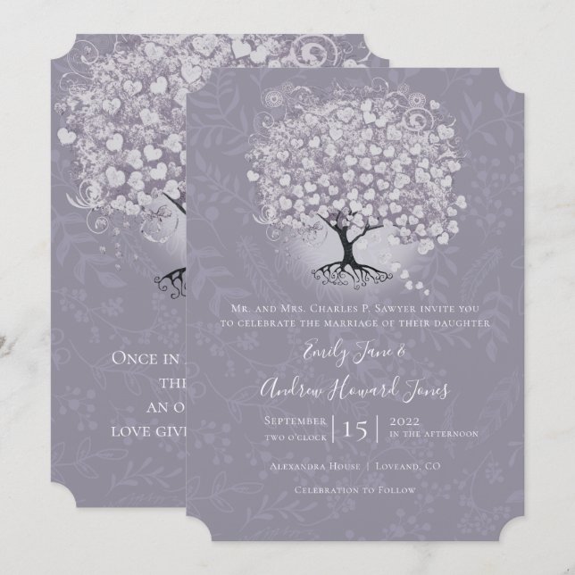 Invitation Floral Dusty Lavender Heart Leaf Tree Mariage (Devant / Derrière)