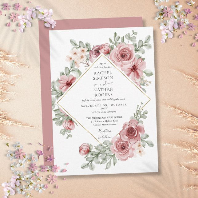 Invitation Floral Dusty Rose or Mariage géométrique (Floral Dusty Rose Gold Geometric Wedding Invitation)