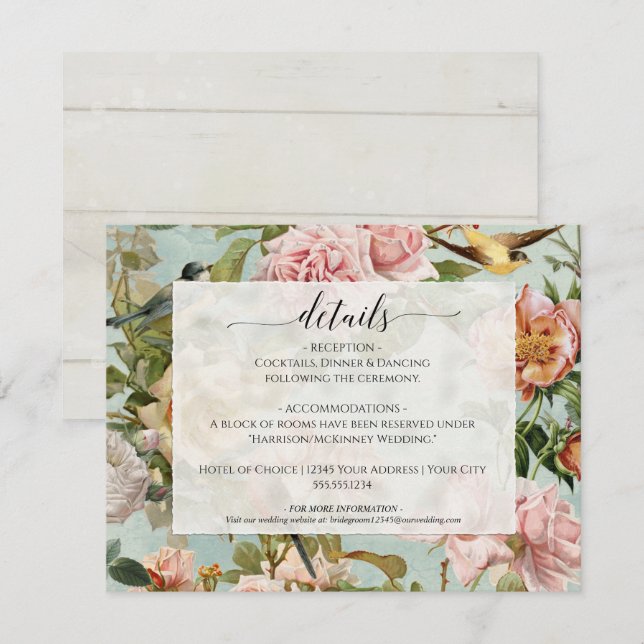 Invitation Floral Dusty Rose Pays Chic Bois Bleu Détails (Devant / Derrière)