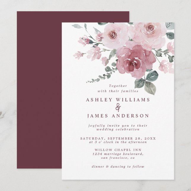 Invitation Floral Dusty Rose Rose Mariage Bourgogne (Devant / Derrière)