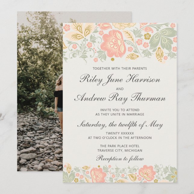 Invitation Floral Elegance Peach Blush Sage Classic Mariage (Devant / Derrière)