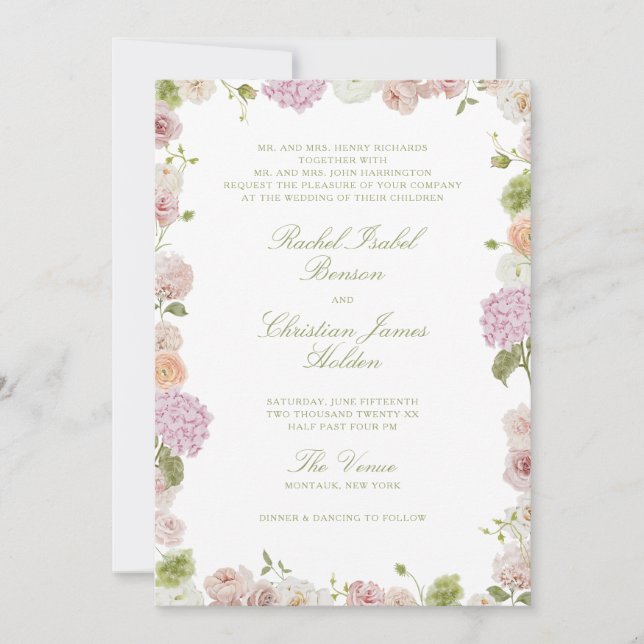 Invitation Floral Elegance Pink Green Frame Wedding (Devant)