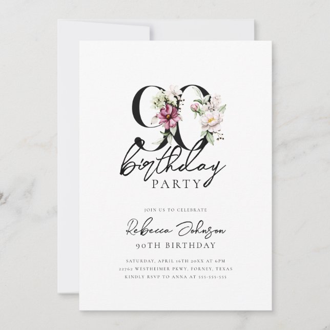 Invitation Floral Elegant 90e anniversaire (Devant)