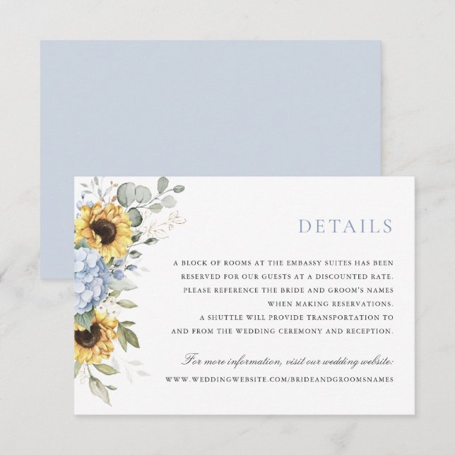 Invitation Floral Elegant Blue Hydrangea Sunflowers Détails (Devant / Derrière)