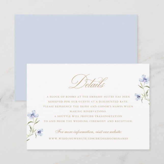 Invitation Floral Elegant Dusty Blue Gold Détails du Mariage (Devant / Derrière)