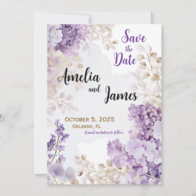 Invitation Floral Elegant Lavender Wedding Enregistrer la dat (Devant)
