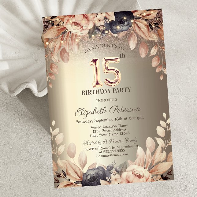 Invitation Floral élégant, Lumières à cordes 15e anniversaire (Créateur téléchargé)