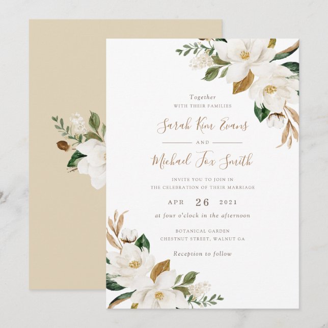 Invitation Floral Elegant Magnolia Beige Neutre Mariage (Devant / Derrière)