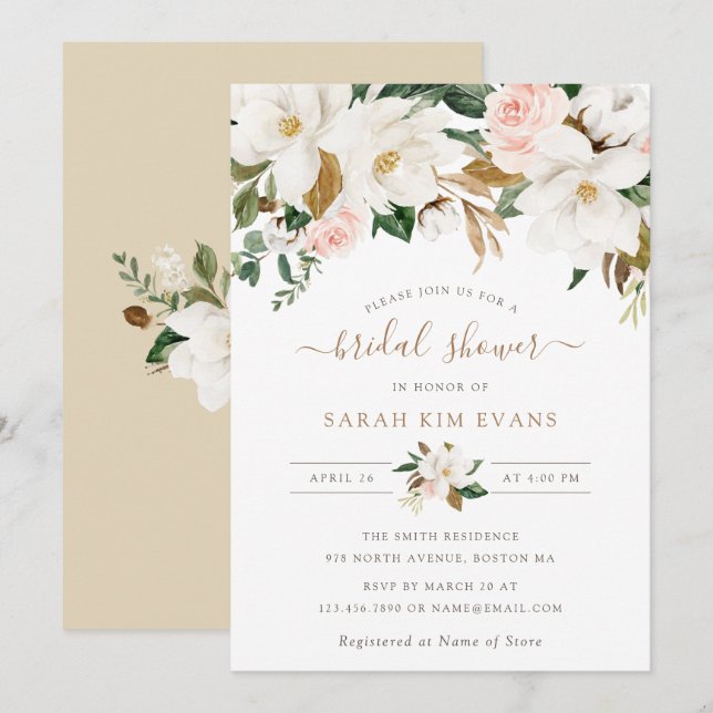 Invitation Floral Elegant Magnolia Blush Fête des mariées bla (Devant / Derrière)
