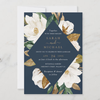 Invitation Floral Elegant Magnolia Mariage de la marine beige