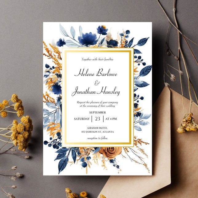 Invitation Floral Elegant Marine Blue Terracotta Mariage (Floral Elegant Navy Blue Terracotta Wedding Invitation)