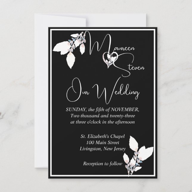 Invitation Floral Elegant noir et blanc Mariage (Devant)