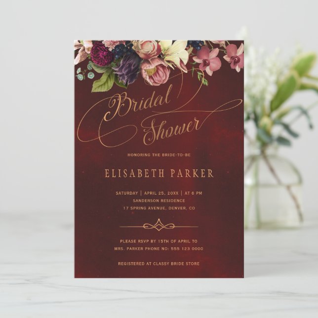 Invitation Floral élégant script burgundy nuptiale douche (Debout devant)