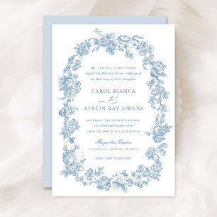 Invitation Floral Élégant Vintage Bleu Rose Mariage