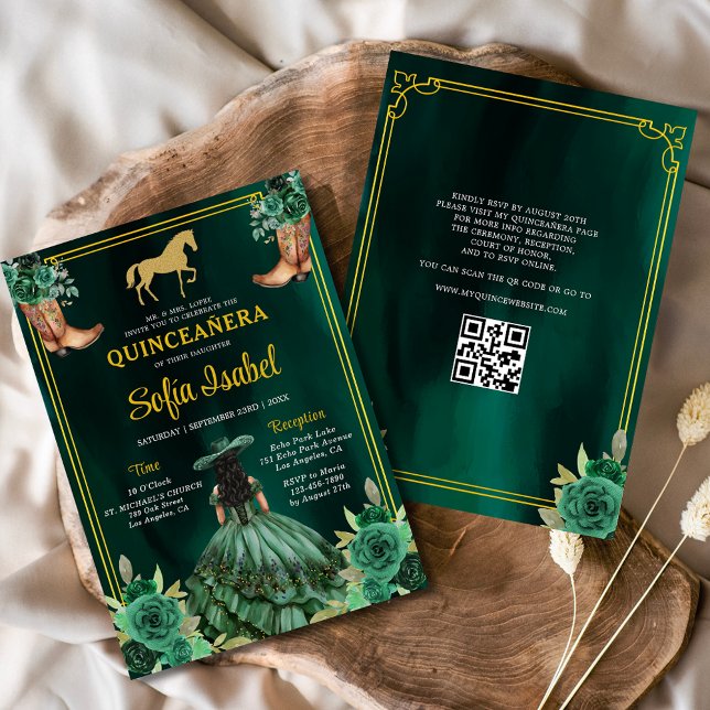 Invitation Floral Emerald Green Boots Horse Quinceanera (Créateur téléchargé)