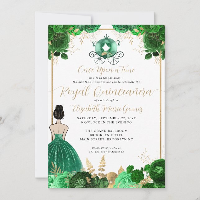 Invitation Floral Emerald Green Cendrillon Royal Quinceanera (Devant)