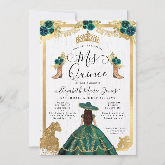 Invitation Floral Emerald Green Gold Tiara Charra Quinceanera (Devant)